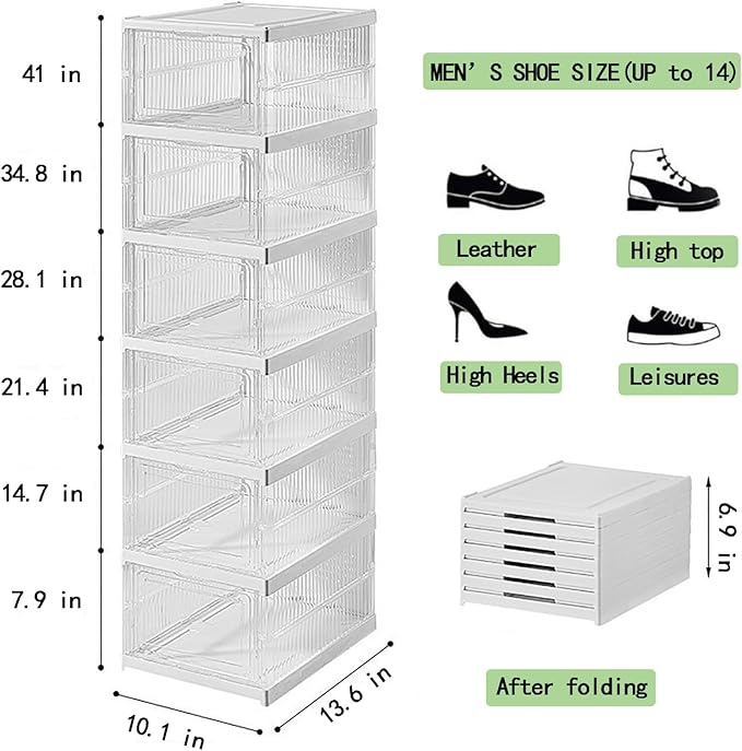 Shoe Storage Organizer Box 6-Tier Foldable Collapsible Stackable Shoe Rack Bins, Fit Size 12, No Assembly, for Men and Women (Transparent)