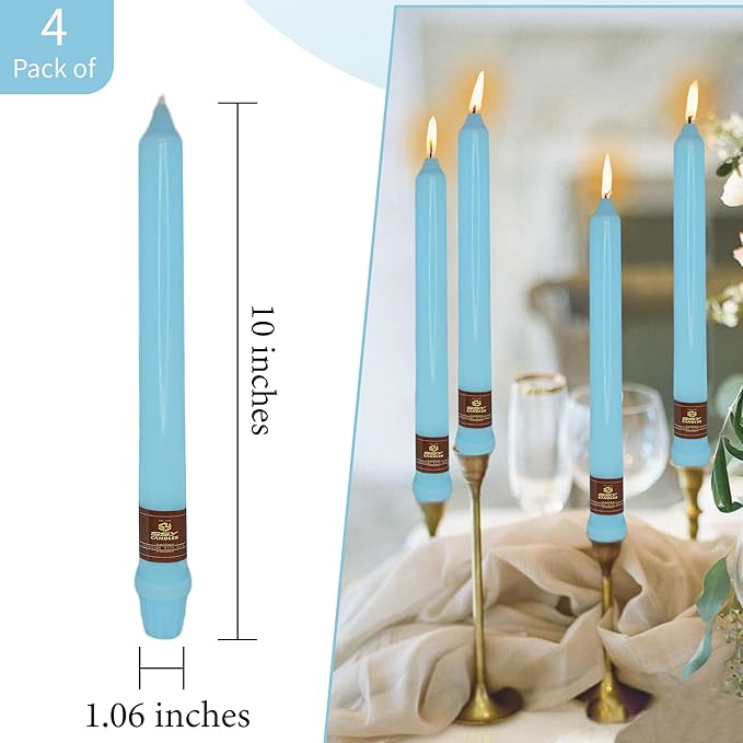 Light Blue Taper Candle 10 Inch Long Candlesticks Unscented Dripless Tapered Candle Set for Home Decor Wedding Party Dinner Candles, 4 Pack