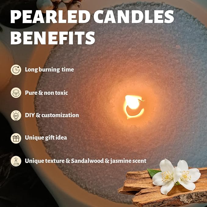 Sandalwood & Jasmine Scented White Pearled Candle 18oz Luxury Sand Candle Granulated Wax - 30 Cotton Wicks – Wax for Candle Making Decorative Candles Smooth and Clean Burning Lasts up to 120 Hours