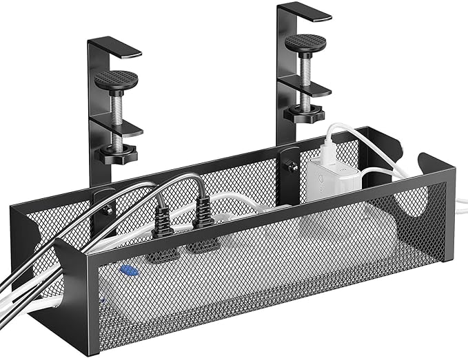 DELAMU Under Desk Cable Management Tray, No Drill Metal Mesh Cable Management Under Desk with F-Clamp Mount & 2 Open Holes, Cord Organizer for Home Office, 1 Pack, Black