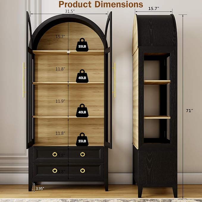LVSOMT 71" Tall Arched Storage Cabinet with Glass Doors and Drawers, Curio Display Cabinet with Adjustable LED Light & Human Sensor, 4-Tier China Cabinet for Living Room(Black+Wood)