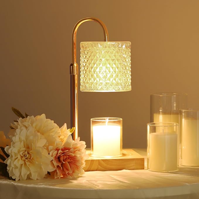 TigQiang Candle Warmer Lamp, Candle Lamp Wax Warmer, Timer & Dimmer 7-Levels, Fits Cup Jar Candle, Top Melting, Crystal Heater Lamp for Scented Wax, Elegant Home Decor, Brass Glass