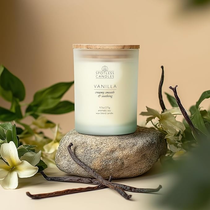 Vanilla Candle 9.7 oz: 55 Hrs Burn Time - Vanilla Scented Candles in Frosted Glass Jar with Wooden Crackling Wick in a Luxurious Gold Foil Lined Gift Box