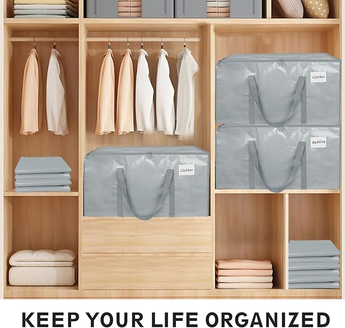 12 Pack-Extra Large Heavy Duty Moving Bags - Waterproof Storage Totes with Handles & Zippers, Foldable for College Dorm, Storage (light gray)