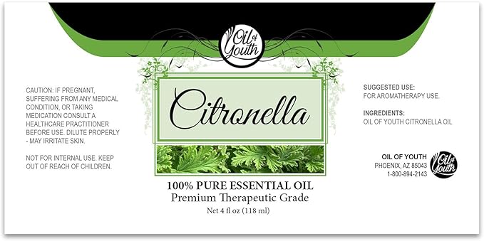 Oil of Youth Citronella Essential Oil 4 Fl Oz – Therapeutic Grade for Aromatherapy, Diffuser, Candle Making