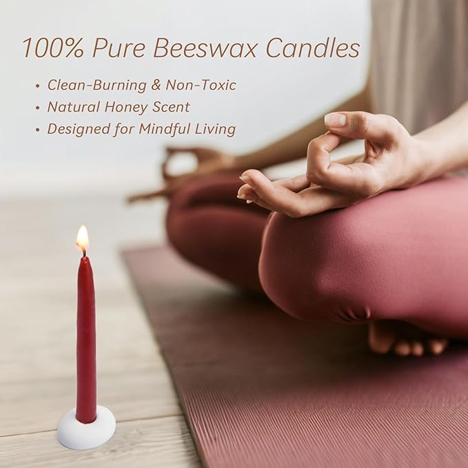 20 Minute 100% Pure Beeswax Candles, Mini Mindful Meditation Taper Candles, Smokeless & Dripless with Holder for Yoga, Prayer, Relaxation (Red,24 Pack)