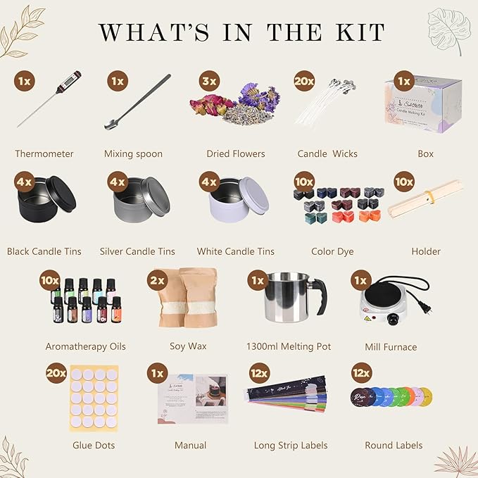 SHOWIN Candle Making Kit, DIY Candle Making Supplies for Adults, Starter Soy Wax Candle Kit with Wax Melter & Tins, Scented Home Decoration