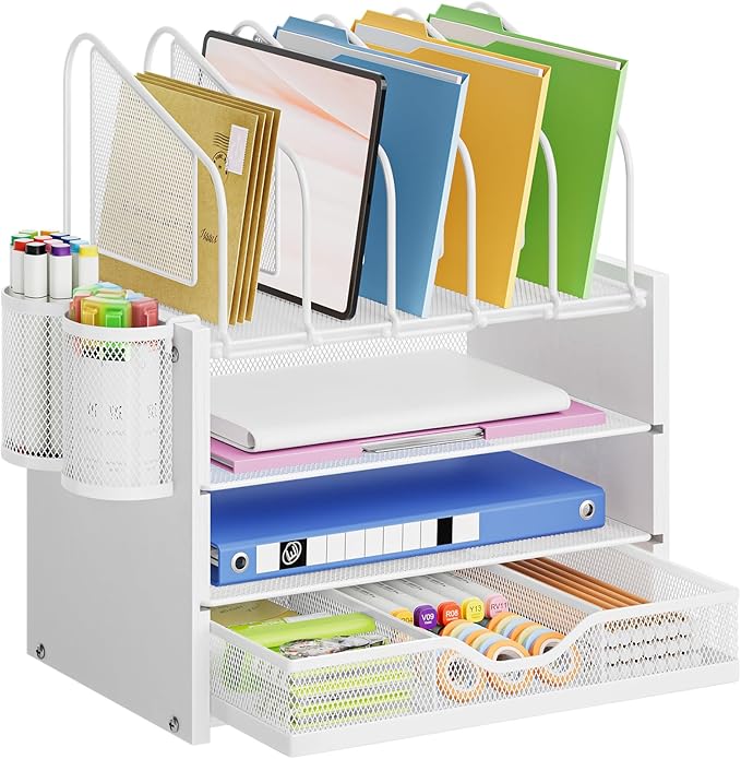 Marbrasse Desk Organizer with Drawer, 4-Tier Wooden File Organizer with 5 Vertical File Holders and 2 Pen Holders, Desk Organizers and Accessories for Home Office - White
