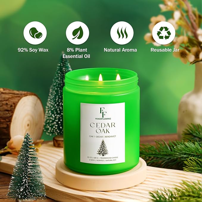Cedar Oak Large Christmas Tree Candle, 3-Wick 22oz Long Lasting Scented Candle, Natural Soy Wax Aromatherapy Candle for Home, Holiday Candle Gifts for Women Men