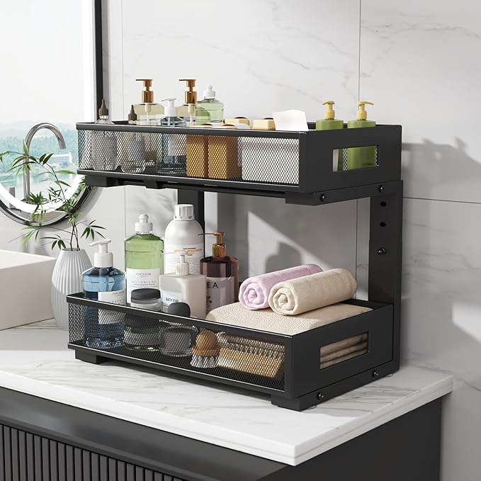 2-Pack Under Sink Organizers And Storage,Large Capacity 2-Tier Pull-Out Cabinet Organizer With Upgraded Tube Rails,Adjustable Height Sliding Drawers,Sturdy Mesh Shelves For Kitchen&Bathroom-Black