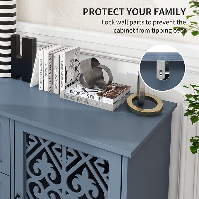 Blue 2 Doors 3 Drawers Buffet Sideboard Cabinet - Accent Cabinet with Adjustable Shelves，47 Inch Wide Wood Storage Cabinets for Dining Room,Living Room and Kitchen