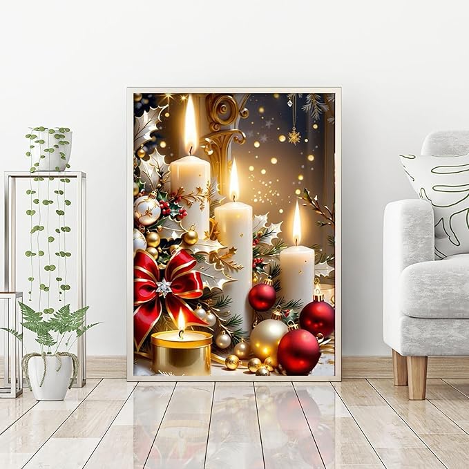 Mrnsiet Christmas Diamond Painting Kits for Adults, Christmas Candles Diamond Art for Beginners, 5D Round Full Drill Winter Diamond Painting Gem Art Kits for Home Wall Decor 12x16inch