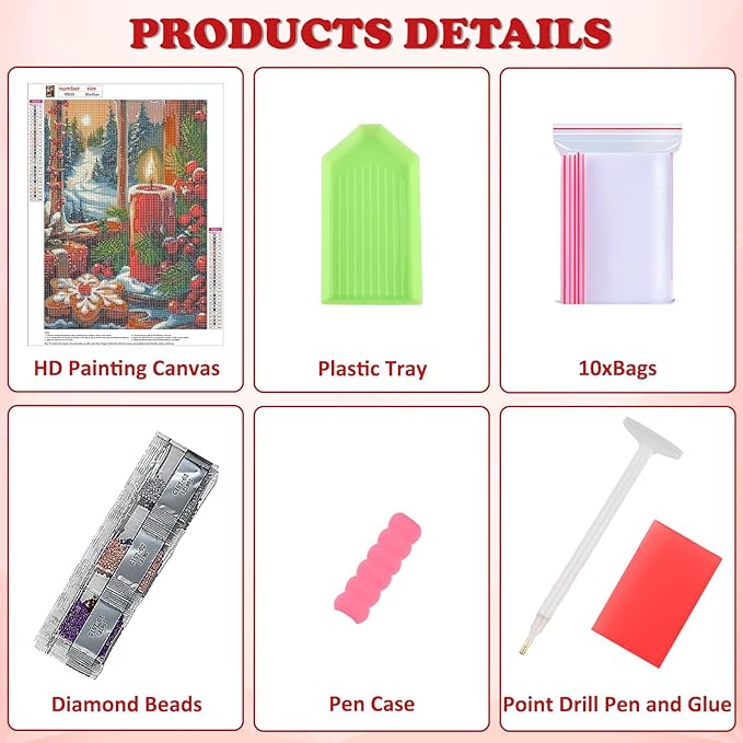 DOMROM Christmas Diamond Painting Kits, Candles 5D Diamond Art Kits,Gem Art Painting with Diamonds Dots, Arts and Crafts for Beginners Adult Wall Decor 12 x 16inch