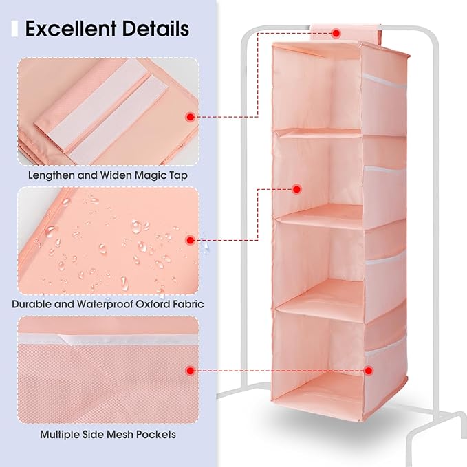 PetsHome 4-Shelf Hanging Closet Organizer, Space Saver, Closet Hanging Storage Shelves with Mesh Pockets & Magic Tap for Storage, Foldable-Pink