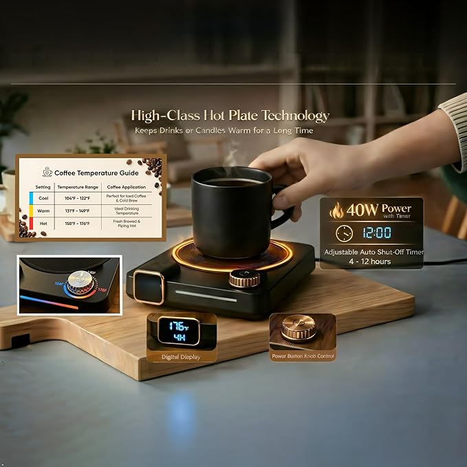 Coffee Mug Warmer for Desk, 40W Electric Cup Warmer with Digital Display, 9 Temp Settings, 1–12H Timer & Auto On/Off, LED Display Candle & Beverage Warmer Plate.