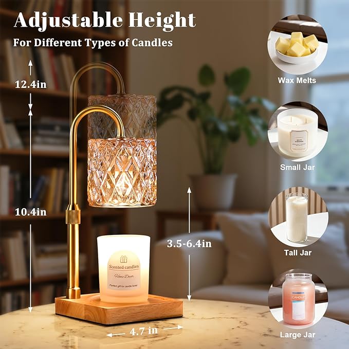 Hong-in Candle Warmer Lamp with Timer -Dimmable Adjustable Height,House Warming Gifts New Home,Vintage Home Decor with Elegant Amber Glass,Birthday Gifts for Women, Mom, Friend and Sister