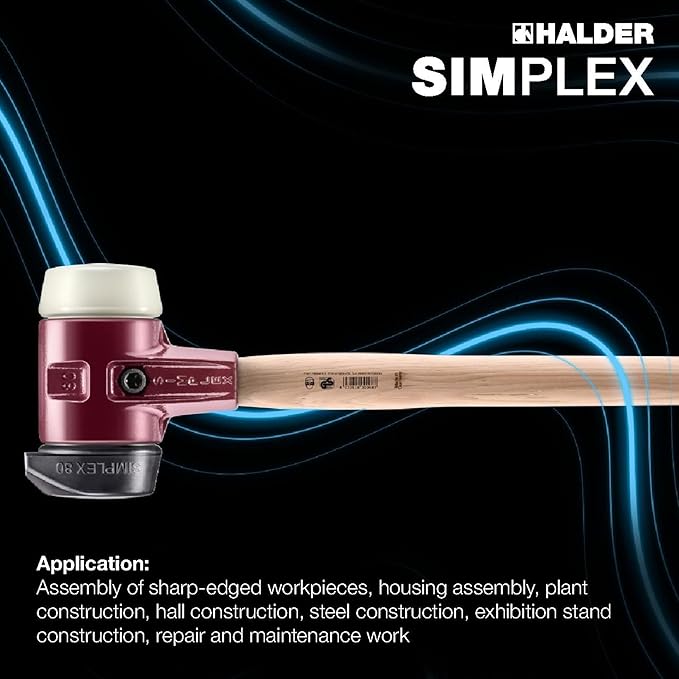 Halder Simplex SledgeHammer 3028.281 – Medium-Hard Rubber Insert, Nylon Insert, Cast Iron Housing with Handle Protection Sleeve, Varnished Wooden Handle, 80mm, 7.6 lbs.