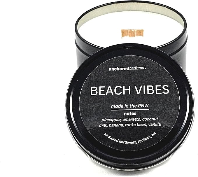 Anchored Northwest - Beach Vibes Travel Tin Candle, 6oz BlackMetal Tin, American Cedar Wood Wick, Hand Poured, Essential Oil Blend 100% Soy Wax, 35+ Hour Burn