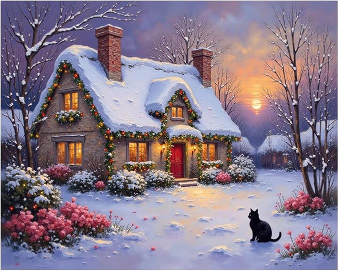 EnLvYY Christmas Cottage Paint by Numbers Adult 16x20 Inch, DIY Acrylic Painting Kit for Beginners, Winter House Night Scene Wall Art Home Decoration, Gift for Family and Friends, Unframed