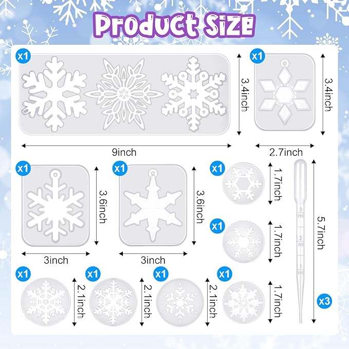 LSLYHTC 13Pcs Snowflake Silicone Resin Mold, Christmas Ornament Molds with 3 Straws, Epoxy Resin Mold SnowflakeResinMolds for Ornament, DIY Christmas Gift and Jewelry Pendant Decoration