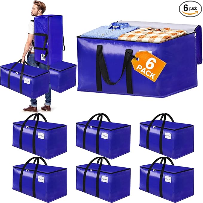 FabSpace 6-Pack Moving Bags with Backpack Straps & Carry Handles, 25 Gallons-93 L Heavy Duty Storage Totes for Space Saving, Foldable Storage Bags for College Dorm, Travel, Camping (Blue)