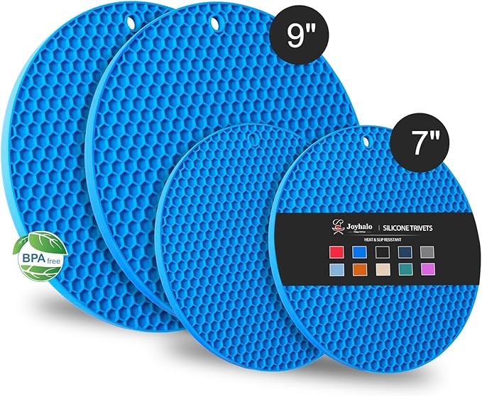 Joyhalo Trivets for Hot Dishes - Hot Pads for Kitchen, Silicone Pot Holders for Hot Pots and Pans, Silicone Mats for Kitchen Countertops, Table, Flexible Easy to Wash and Dry, True Blue