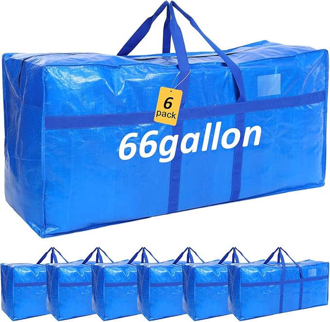 4 Pcs 66 Gallon Extra Large Moving Bags Heavy Duty Storage Bag with Strong Zipper Handle Foldable XXL Jumbo Storage Tote Packing Moving Box for College Dorm Travel Cloth Duffle (Blue)