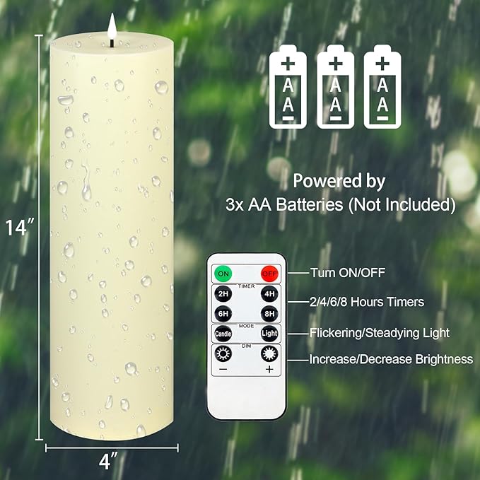 14" x 4" Large Outdoor Candles with Timer Waterproof, Remote Control Flickering Flameless Candles Battery Operated, Tall Fake LED Pillar Candle for Patio Porch Lantern, Ivory, 1 Pack