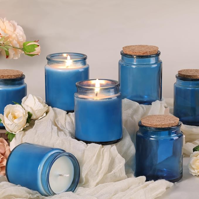 Lanttu 12 Pack Blue Candle Jars for Making Candles, 7.5oz Glass Jars with Wooden Lids and Labels, Candle Making Supplies Candle Containers for Home DIY, Gifts, Table Decor