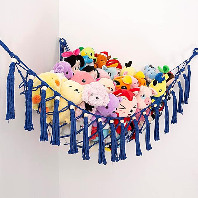 MAKEONEWO Stuffed Animal Toy Hammock Hanging-Handmade Large Blue Macrame Organizer Display Corner Plush Toys Net Holder for Boho Nursery Playroom Boy Bedroom Kids Room Storage Dark, 1 Pack