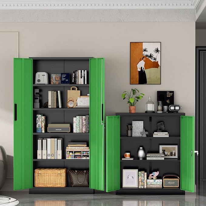Superday Metal Storage Cabinets, 71" Storage Cabinet with Locking Door, Tall Garage Cabinet with 2 Doors and 4 Adjustable Shelves for Home Office, Classroom, Easy Assemble(Black Green)