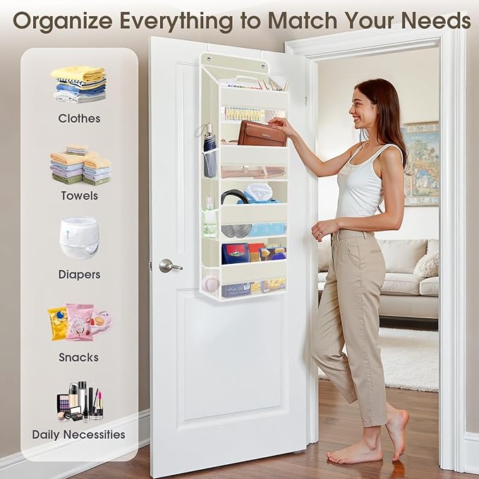 SpaceHacks 1 Pack Over The Door Organizer, Hanging Storage Organizer with Clear Window, 40lb Ultra Sturdy Large Capacity Room Organizer for Pantry Bathroom Nursery Closet Baby Essential (Beige)
