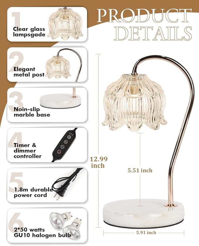 Funistree Candle Warmer Lamp with Timer & Dimmable, Candle Warming Lamp, Mothers Day Birthday Gifts for Women Mom, House Warming Gifts New Home Marble Base Wax Melt Warmer for Jar Candles