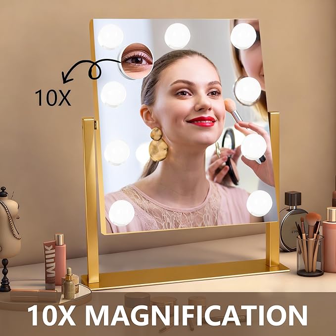 Ratsamee Gold Hollywood Vanity Mirror with Lights, 9 Dimmable Bulbs, 3 Color Lights,Make Up Lighted Mirror, 10x Magnification 360°Rotation(12" x 14")