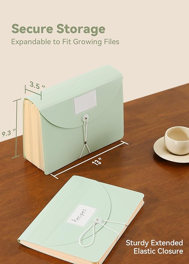 SortRax Accordion File Organizer 12 Pockets, Monthly Bill Receipt Tax Organizer, Expanding File Folders with Larger Bright Tabs, Fits Letter/A4 Size - Green