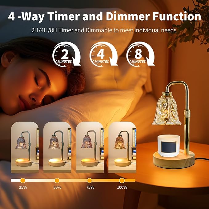 Candle Warmer Lamp with Timer & Dimmer, Adjustable Height Flower Candle Warmer for Jar Candles, Flameless Wax Melter with 2 Bulbs, Home Decor, Christmas, Birthday, Valentine's Gift for Women (A1-Gold)