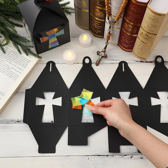 Simgoing 12 Sets Religious Cross Crafts with LED Candle Light DIY Christian Cross Lantern Tissue Paper Kits Religious Hanging Ornament for Church Sunday School Vbs Activities