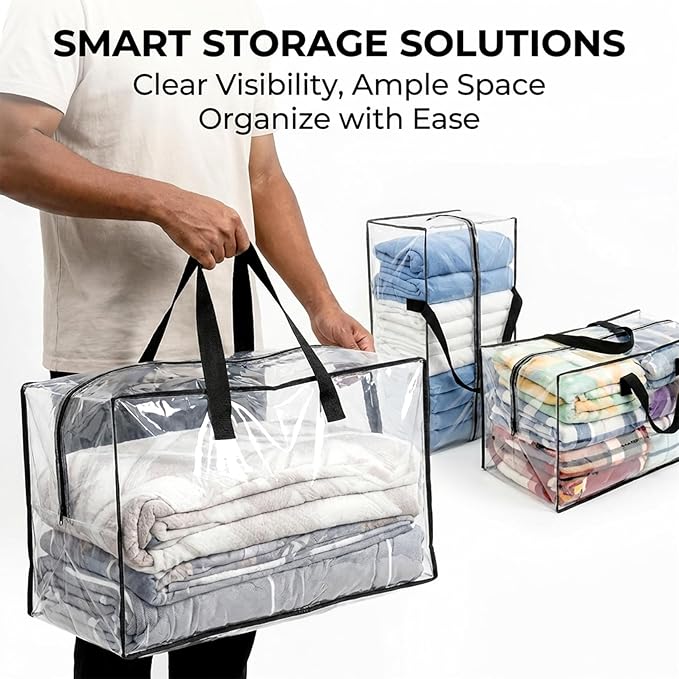 RAINFLOW Extra Large Moving Bags - Heavy Duty Clear Tote Bag for Storage and Organization with Smooth Zipper and Strong Handle Home Moving Supplies College Dorm Essentials for Girls and Guys 1PCS