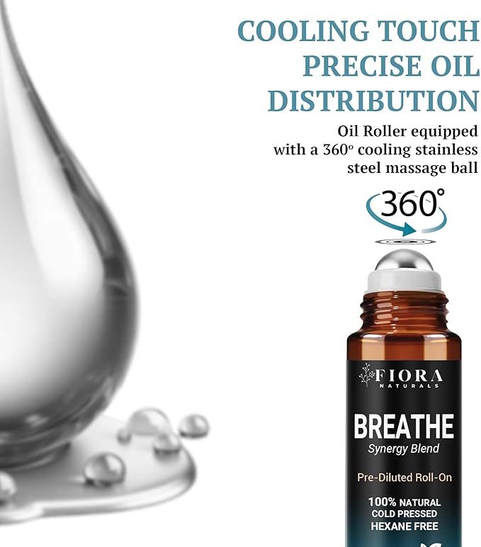 Fiora Naturals Breathe Essential Oil Roll-On Blend - 100% Pure Eucalyptus, Peppermint & Tea Tree Oil Aromatherapy Blend. Therapeutic-Grade