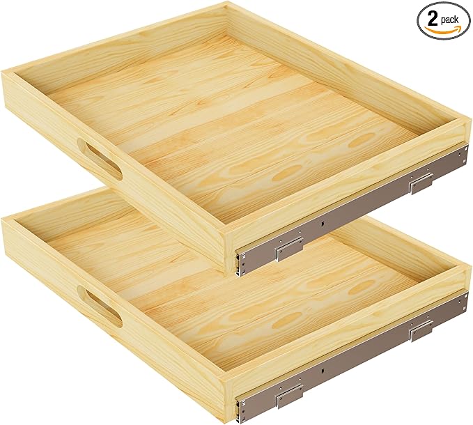 2 Set Pull Out Cabinet Organizer, Soft Close Slide Out Wood Drawer Storage Shelves for Kitchen, Base Cabinet Organization for Pantry, Finished, Heavy-Duty, Bottom Assembly (27” W x 21” D)