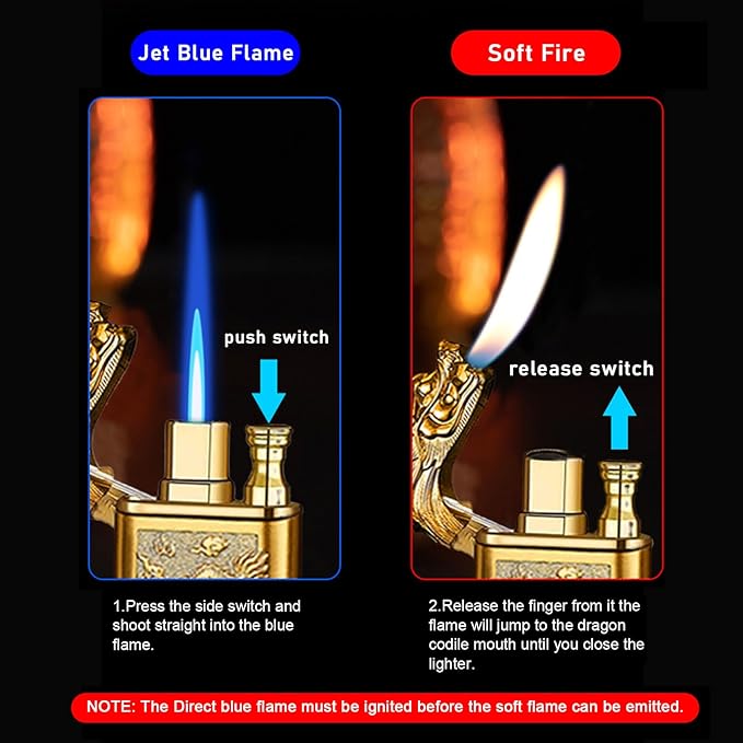 Torch Lighter, Cool Relief Dragon Dual Flame - Windproof Adjustable Jet Flame and Soft Flame, Refillable Butane Lighter for Gift, Candle, BBQ, Kitchen, Camping (Without Butane)-Black Ice