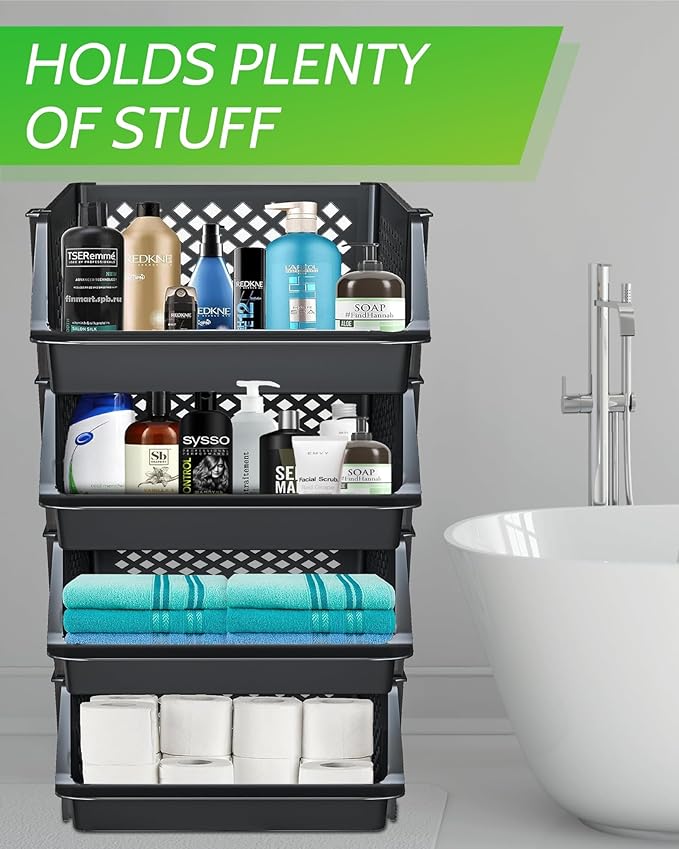 Skywin TidyFriend Plastic Stackable Bins for Pantry, 4 Pack Large Stacking Bins Open Front Kitchen, and Bathroom Organization, Open Front Design (Black)