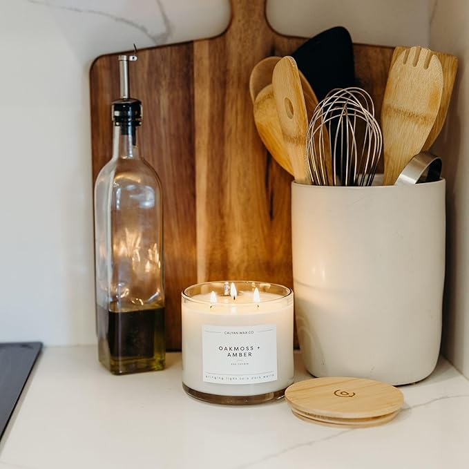 Calyan Wax Co. Oakmoss & Amber 3 Wick Scented Candle - 43 Hour Burn - Luxury 3 Wick Soy Candles - Non Toxic Soy Wax Candles - Long Lasting Large Glass Jar Candle for Home - 14.9oz