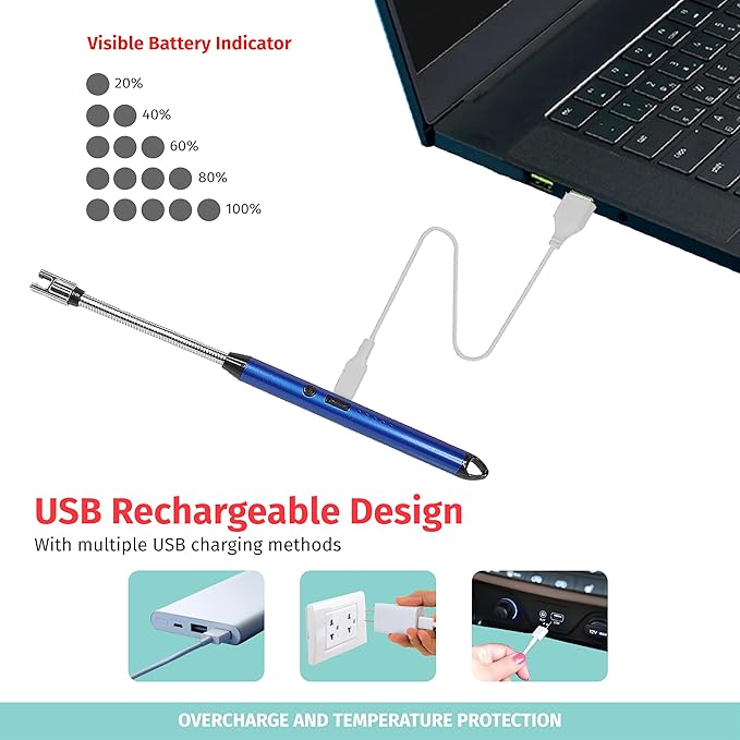 Custom Extra Long Electric Lighter, USB Rechargeable Candle Lighter, Reusable Electric Lighter with Charger for Indoor and Outdoor, Camping Essential for Men and Women, Engravable Designs (Blue)