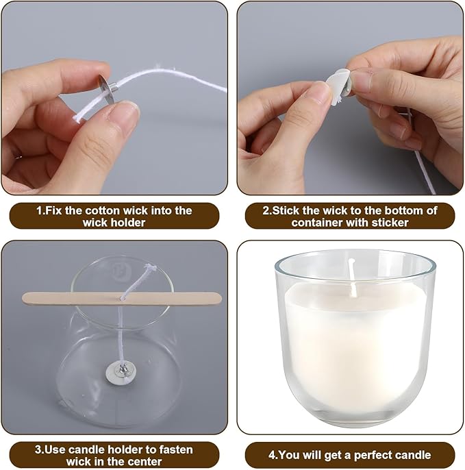 200Feet Natural Cotton Candle Wick Roll, 24-Ply Candle Making Wicks, with 50Pcs Metal Sustainers 3Sheet Candle-Wick Stickers and 5Pcs Wooden Candle-Wick Centering Device,for DIY Craft CandleMaking Kit