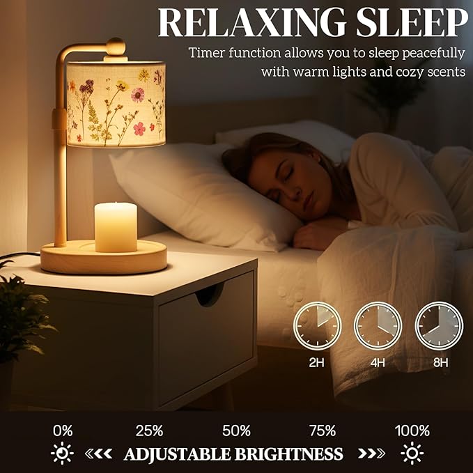 Baquler Pressed Flower Candle Warmer Lamp with Timer Dimmable Adjustable Height Vintage Boho Flower Candle Wax Lamp Housewarming Gifts for Women Mom Birthday Home Bedroom Decor(Boho Style)