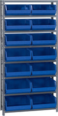 Quantum Storage Systems QSBU-250BL Giant Open Hopper Steel Shelving System, 12" D x 36" W x 75" H, with 8 Shelves and 14 QUS250 Bins, Blue