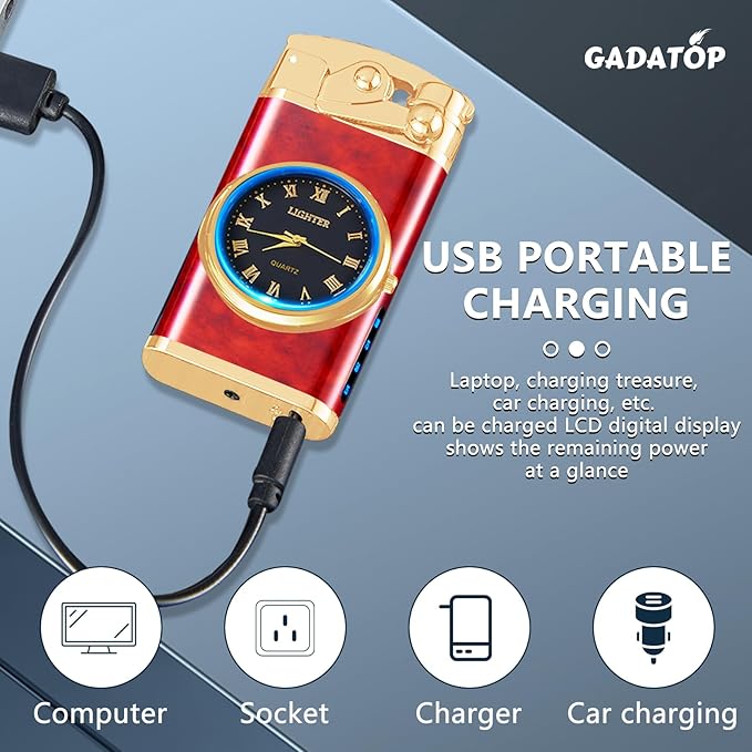 GADATOP Electric Windproof Lighter - USB Rechargeable Flameless Double Arc Plasma Lighter with Luminous Real Watch dial LED (Grain Wood red)