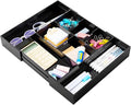 Briwooody 1 Pcs Acrylic Desk Drawer Organizer 9'' up to 18'' x 12'' x 2.1'' Expandable Drawer Organizer Trays with 8 Adjustable Compartments Black Desk Accessories for Makeup Office Bathroom