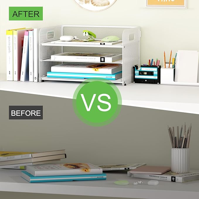 3 Tier Paper Letter Tray Organizer for Desk, Mesh File Folder Document Organizer with Handle for Home Office Supplies Desktop Accessories, White